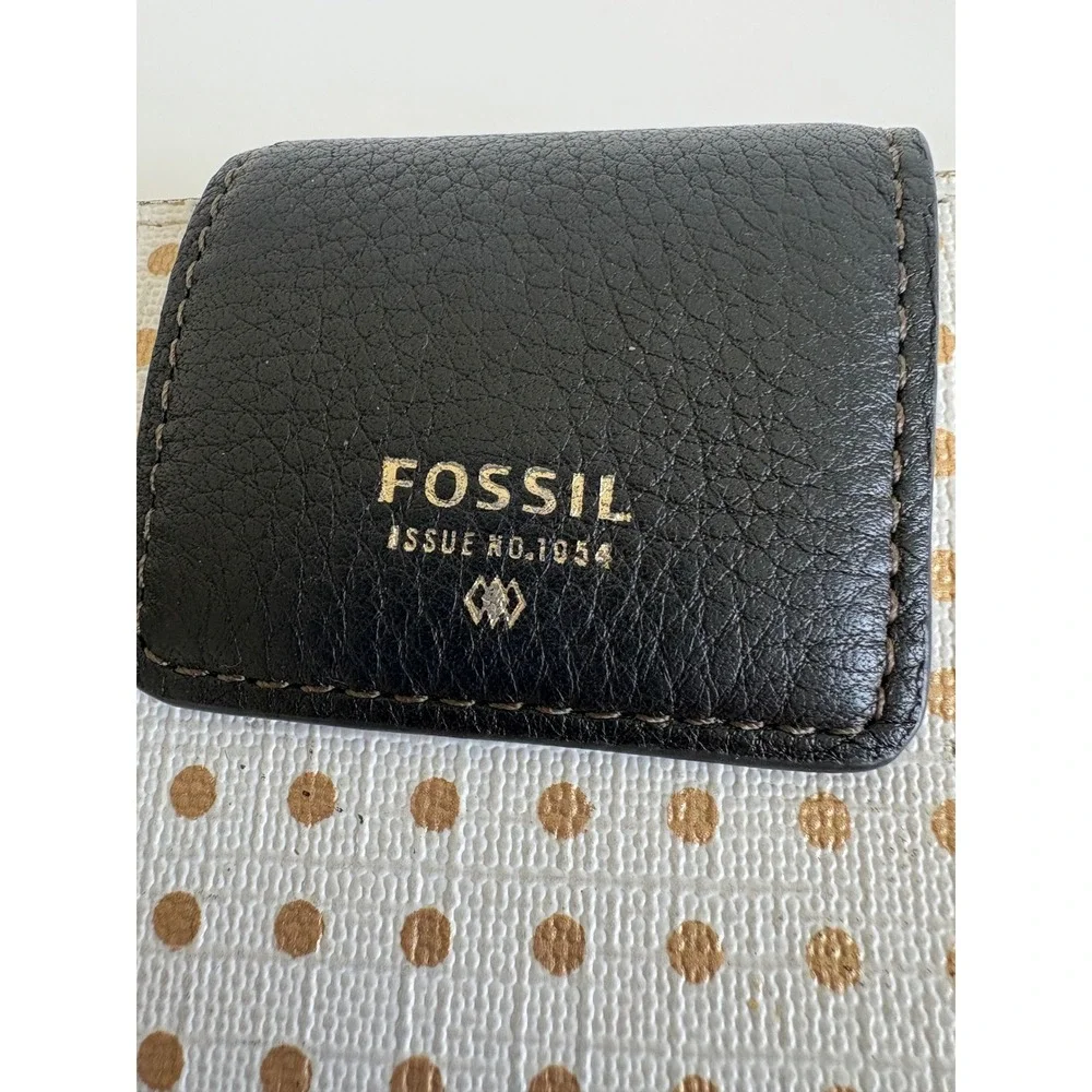Fossil White Gold Polka‎ Dot Bifold Clutch Wallet Black Leather Snap Tab
